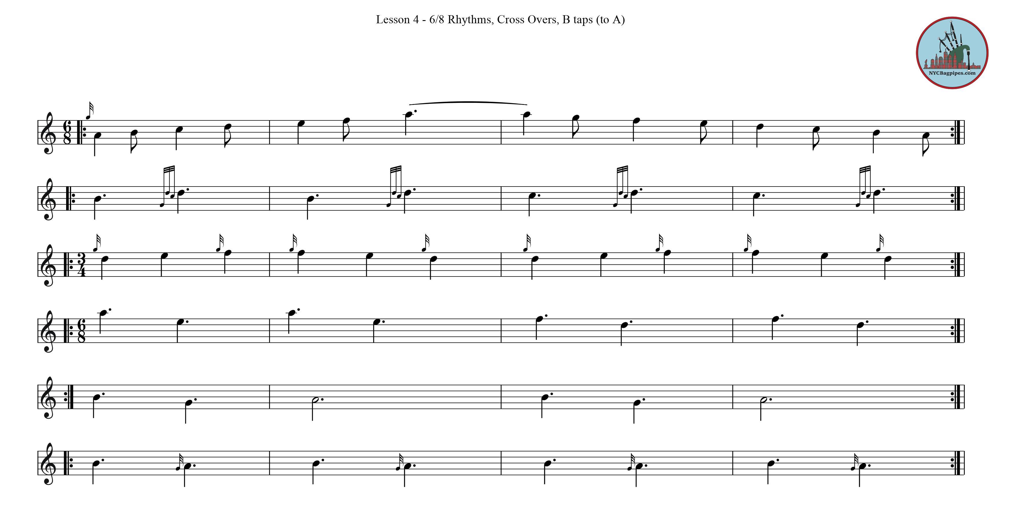 6/8 Bagpipe Rhythms, Crossover Exercises, B taps (to A) Exercise