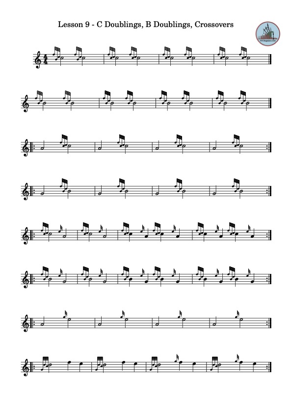 Bagpipe exercises for C Doublings, B Doublings, More Crossover Beginner Exercises for Bagpipes