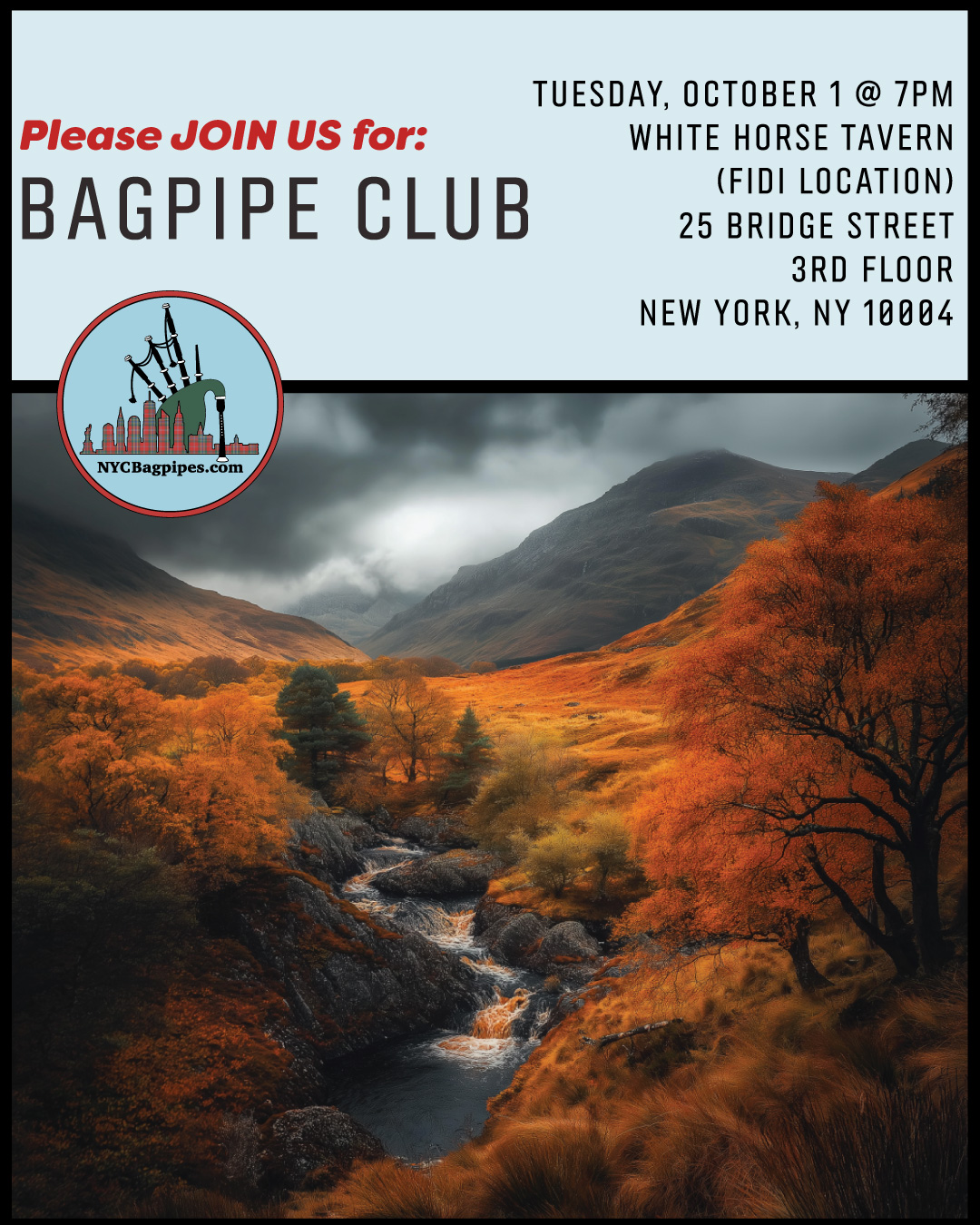 Flyer for NYC Bagpipe Club Event in October