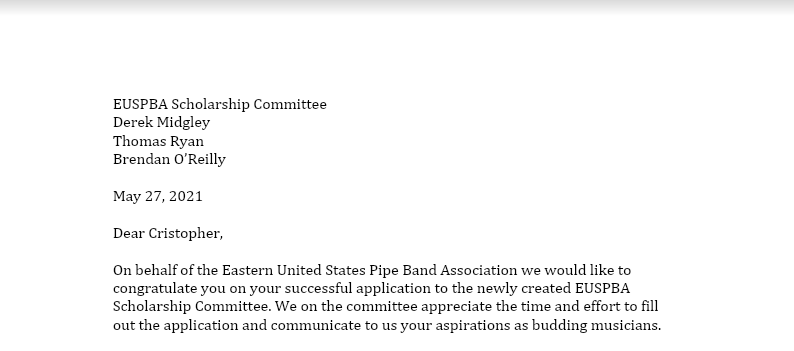 NYC Bagpipes bagpiper scholarship letter